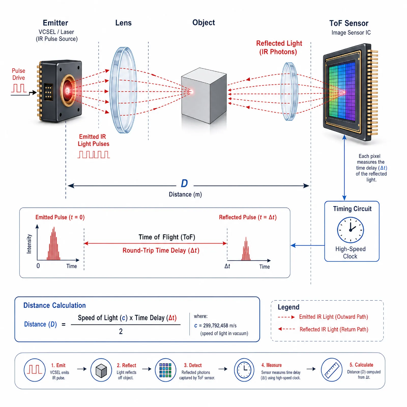 Optical Time-of-Flight (ToF) principle diagram showing infrared light emission, photon reflection, sensor detection, and distance measurement based on light travel time.