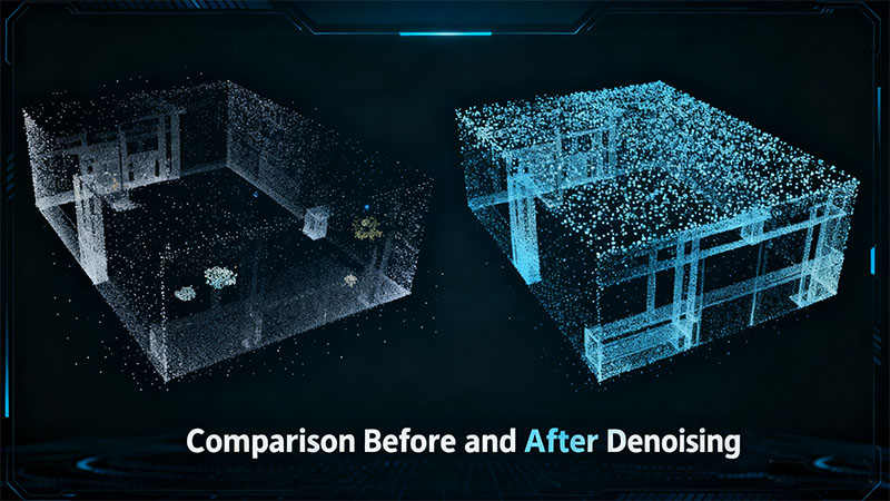 Side-by-side depth maps — one raw from a ToF sensor, and the other enhanced by AI noise reduction