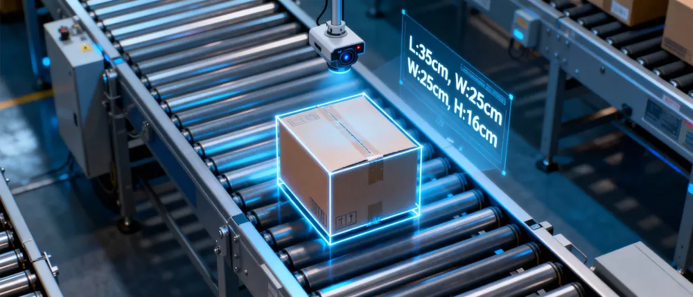 Logistics conveyor belt application demonstrating real-time 3D volume measurement and object dimensioning using the DOMI dToF depth sensing module.
