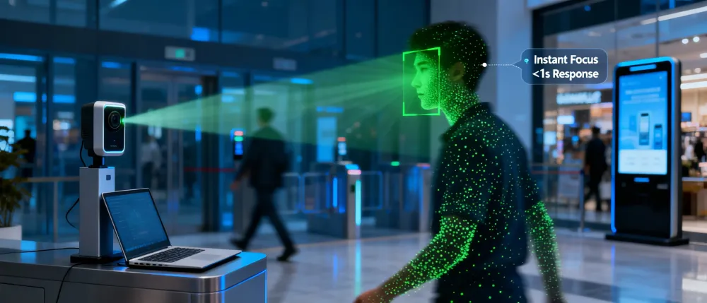 Smart camera system using DOMI dToF sensor for instant laser autofocus assistance and user presence detection in low-light environments.