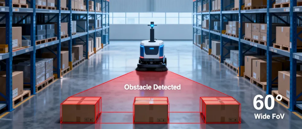 Service robot utilizing DOMI DMAS2M001 SPAD array module for 3D obstacle avoidance and SLAM navigation with a wide 60-degree field of view.