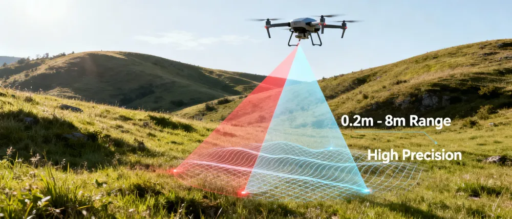 Drone equipped with DOMI DMAS2M001 dToF LiDAR sensor performing stable altitude hold and terrain following over uneven ground using high-precision ranging.