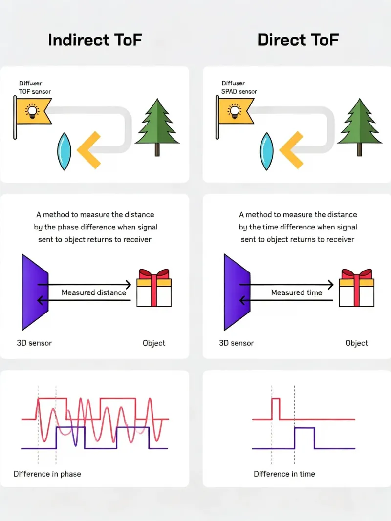 Comparison diagram of Direct ToF and Indirect ToF sensor architectures