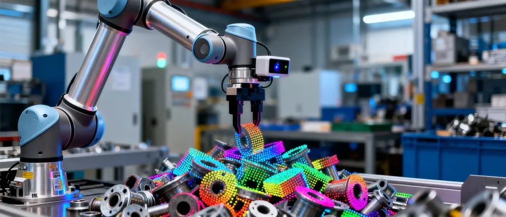 Industrial robotic arm with Eye-in-Hand ToF camera performing bin picking of disordered parts, illustrated with 3D point cloud visualization.