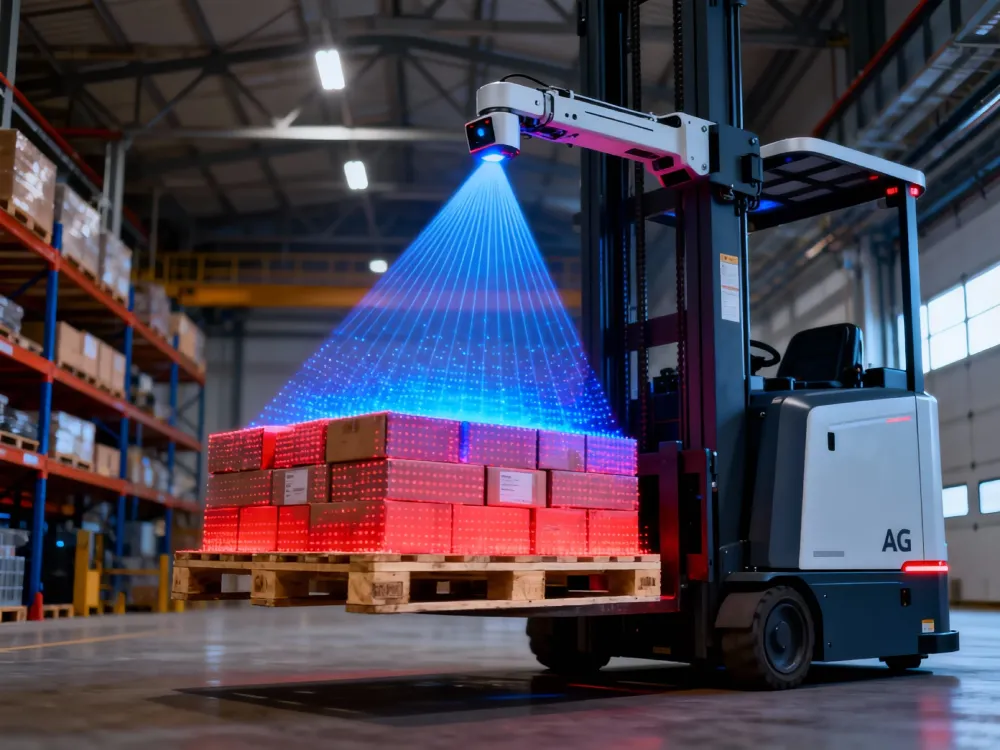 Autonomous mobile robot (AMR) utilizing a wide-FOV ToF depth sensor for simultaneous pallet detection and obstacle avoidance with point cloud visualization.