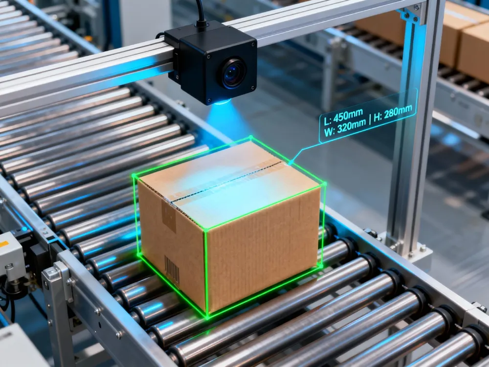 Real-time parcel volume measurement on a high-speed conveyor belt using a 3D ToF camera, displaying digital bounding box and dimension data.