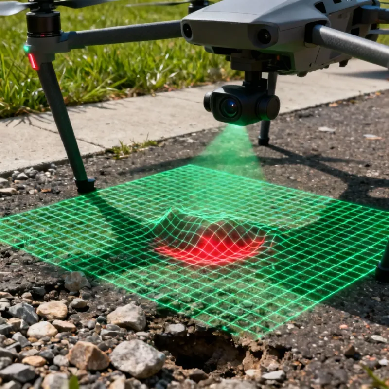 Drone landing gear view showing a laser distance sensor scanning ground flatness to ensure a smooth and safe precision landing.