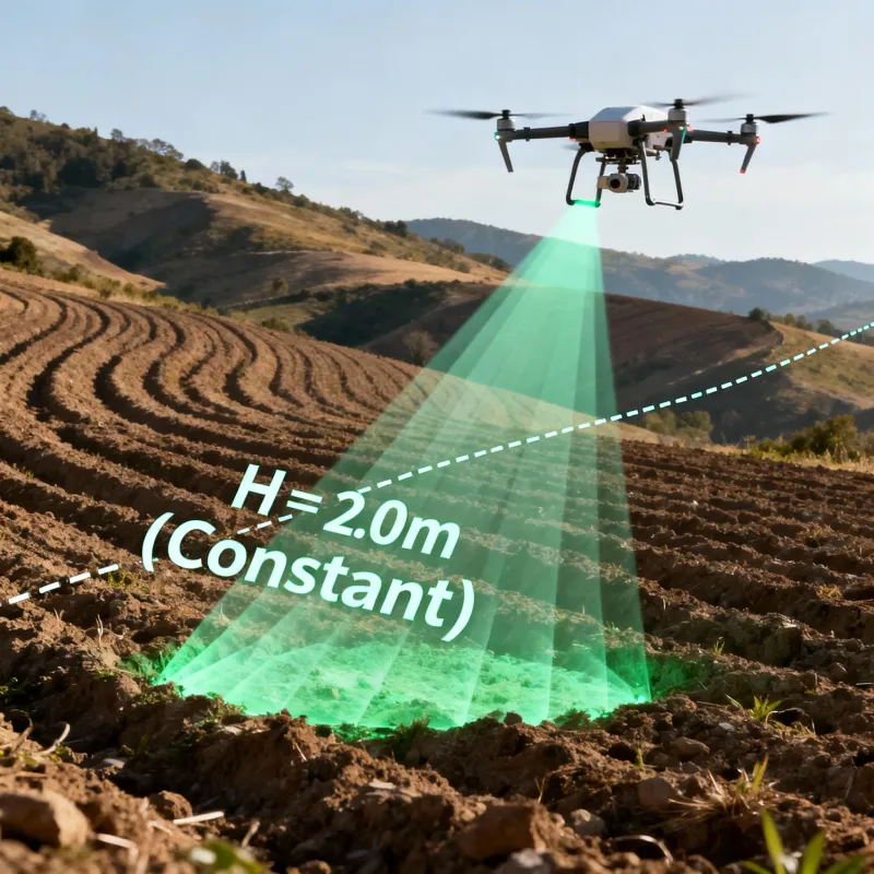 Agricultural drone utilizing a high-FOV ToF sensor for real-time terrain following and precise altitude hold over uneven crop fields.