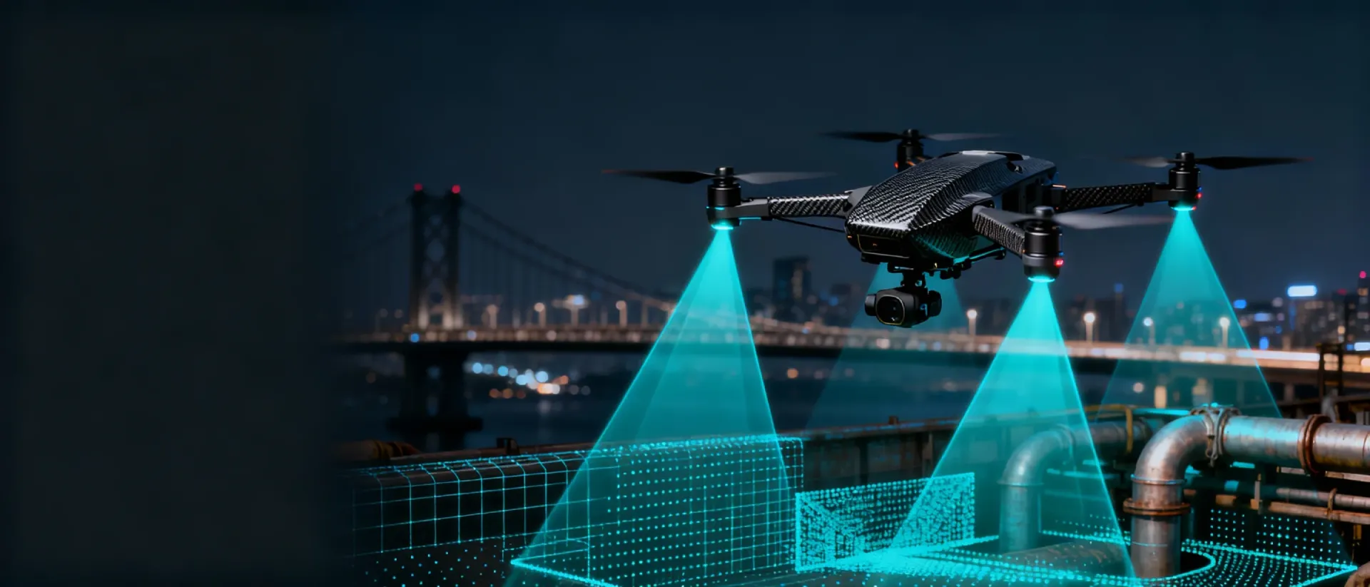 Industrial drone in flight equipped with ToF sensors and solid-state LiDAR for obstacle avoidance.