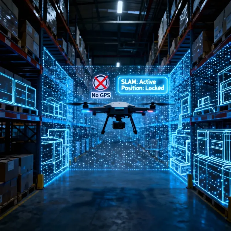 Warehouse drone utilizing a 3D ToF depth camera and SLAM technology for stable hovering and positioning in GPS-denied indoor environments.