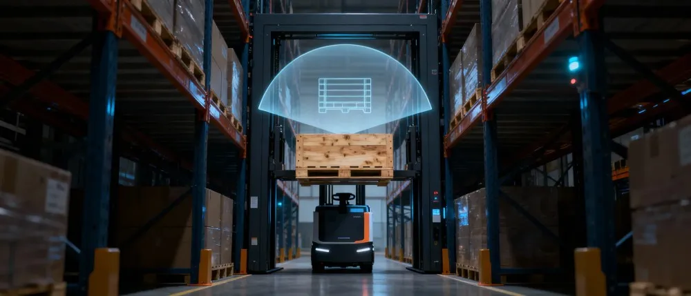 Autonomous forklift (AMR) utilizing 3D ToF camera for precise pallet pocket recognition and logistics automation.