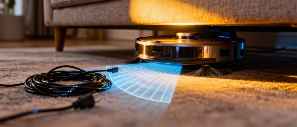 Smart robot vacuum using 3D ToF sensor to detect small obstacles like cables and navigate under furniture in the dark.